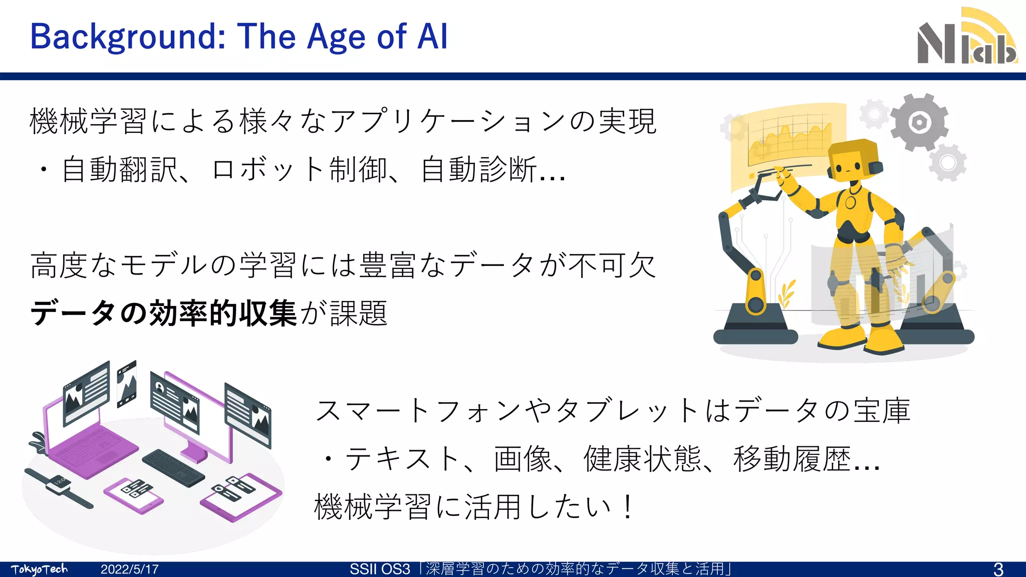 TokyoTech
TokyoTech
Background: The Age of AI
スマートフォンやタブレットはデータの宝庫
・テキスト、画像、健康状態、移動履歴…
機械学習に活⽤したい！
2022/5/17 SSII OS3「深層学習のための効率的なデータ収集と活⽤」 3
機械学習による様々なアプリケーションの実現
・⾃動翻訳、ロボット制御、⾃動診断…
⾼度なモデルの学習には豊富なデータが不可⽋
データの効率的収集が課題
 