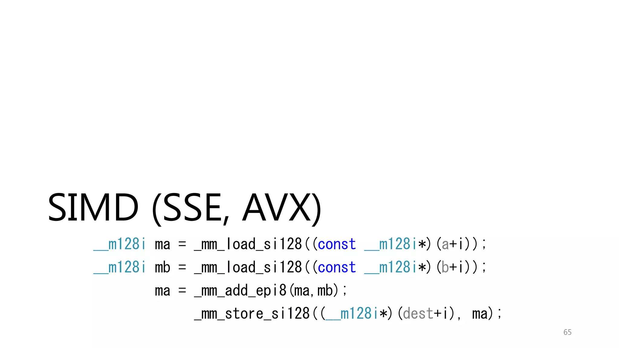 Pile-line
65
Thread 1
Thread 2
Thread 3
Thread 4
レイテンシも考慮して，入力・出力する
ただし，OpenMPで作るのは難しい
 