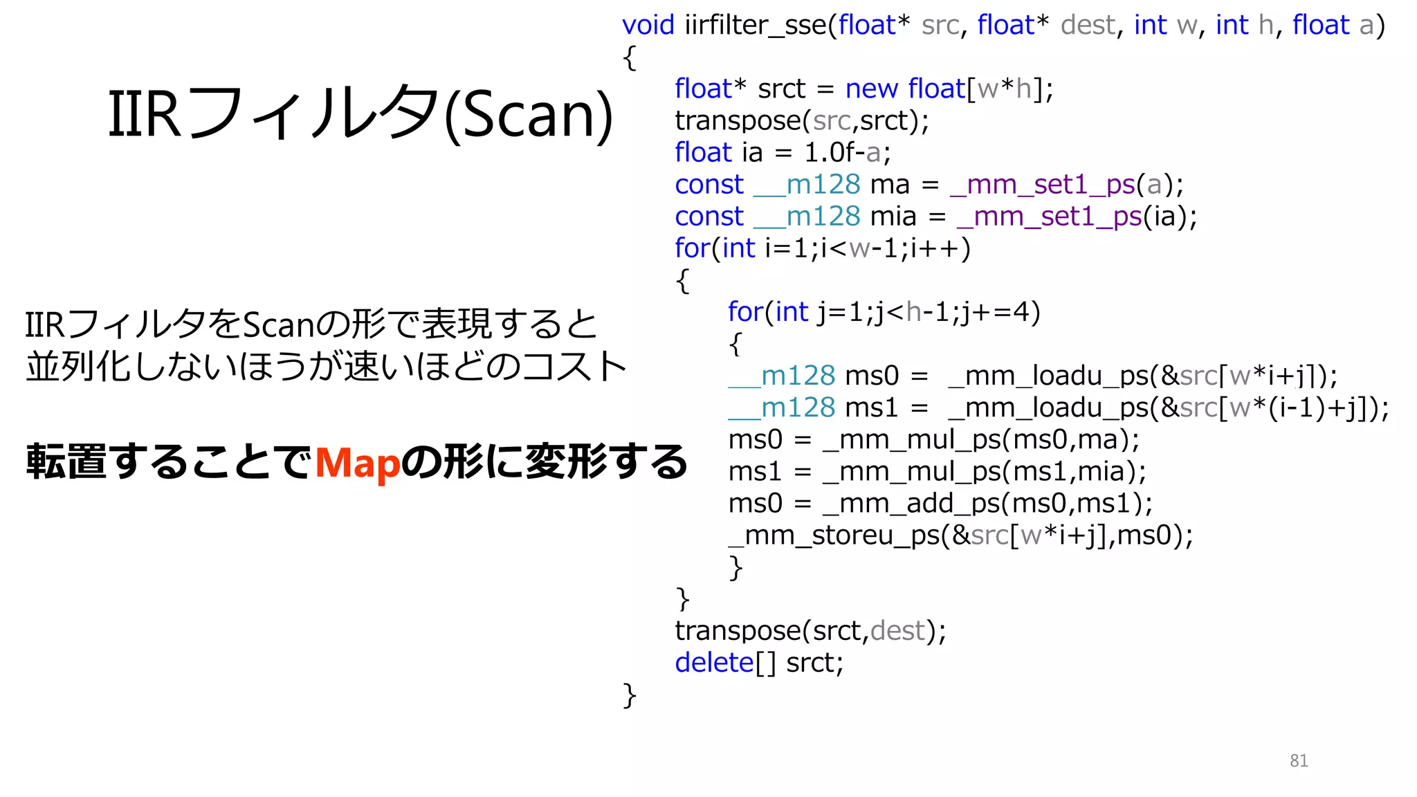 画素値の合計（Reduction）
81
float sum_sse_float(float* src, int num)
{
__m128 tms = _mm_setzero_ps();
for(int i=0;i<num;i+=4)
{
__m128 ms = _mm_load_ps(src+i);
tms = _mm_add_ps(tms,ms);
}
float data[4];
_mm_storeu_ps(data,tms);
return (data[0]+data[1]+data[2]+data[3]);
}
4単位で合計計算し，最後に
その単位ごとに合計する．
（最後のreduction計算はhaddでも可）
 