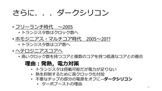 集積化は続き，CPUはマルチコアへ
10
スパコンの計算性能
プログラマのフリーランチの終焉
マルチコアプログラミングが必須に
Sutter, Herb. "The free lunch is over: A fundamental turn
toward concurrency in software." Dr. Dobb’s Journal 30.3
(2005): 202-210.
Core i7
 