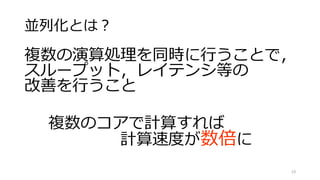 並列化の知識
並列化のための基礎知識と画像処理への応用
• アムダールの法則
• 粒度とオーバーヘッド
• フリンの分類
• デザインパターン
• 画像処理の分類
19
 