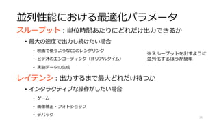 粒度
画素単位
ブロック単位
フレーム単位
シーケンス単位
26
粒度が細かいほどよく分解される．
→バランスよく計算できるがオーバーヘッドが大き
い．
細粒度
(fine-grain)
画素
ブロック
フレーム
シーケンス 疎粒度
(coarse-grain)
 