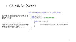 フィルタ
57
void boxfilter_omp2(float* src, float* dest, int w, int h, int r)
{
floatnormalize = 1.0f/(float)((2*r+1)*(2*r+1));
for(int j=r;j<h-r;j++)//画像端を無視
{
#pragma omp parallel for
for(int i=r;i<w-r;i++)
{
float sum = 0.0f;
for(int l=-r;l<=r;l++)
{
for(int k=-r;k<=r;k++)
{
sum+= src[w*(j+l) + i+l];
}
}
dest[w*j+i] = sum*normalize;
}
}
}
列単位で並列化
 