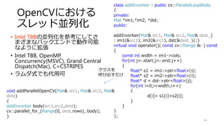Pile-line
• ステレオマッチング
• 画素単位のコスト計算
• コスト集約（フィルタリング）
• 最適化
• ポストフィルタ
• SIFT
• DoG
• ローカライズ
• オリエンテーション
• ディスプリプション
64
Thread 1
Thread 2
Thread 3
Thread 4
もっとも簡単な並列化は画像４つ集めて
Map処理．ただしレイテンシが大きい
 
