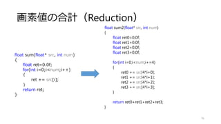メモリのアライメントのそろえ方
原始的な方法
1. メモリを多めに確保します．
2. 適切な境界まで先頭ポインタをずらして使います．
3. ずらしたポインタを戻して開放します．
76
現在の新しいVisual Studio中ではこうなってるので実はどっちを使っても大丈
夫．
#define _mm_free(a) _aligned_free(a)
#define _mm_malloc(a, b) _aligned_malloc(a, b)
ダメ絶対！
この関数を使ってください． bに揃ええたいバイト数を入れれば調整してくれます．
・Visual Studio: _aligned_malloc(a, b), _aligned_free(a)
・gcc: _mm_malloc(a, b) , _mm_free(a)
 