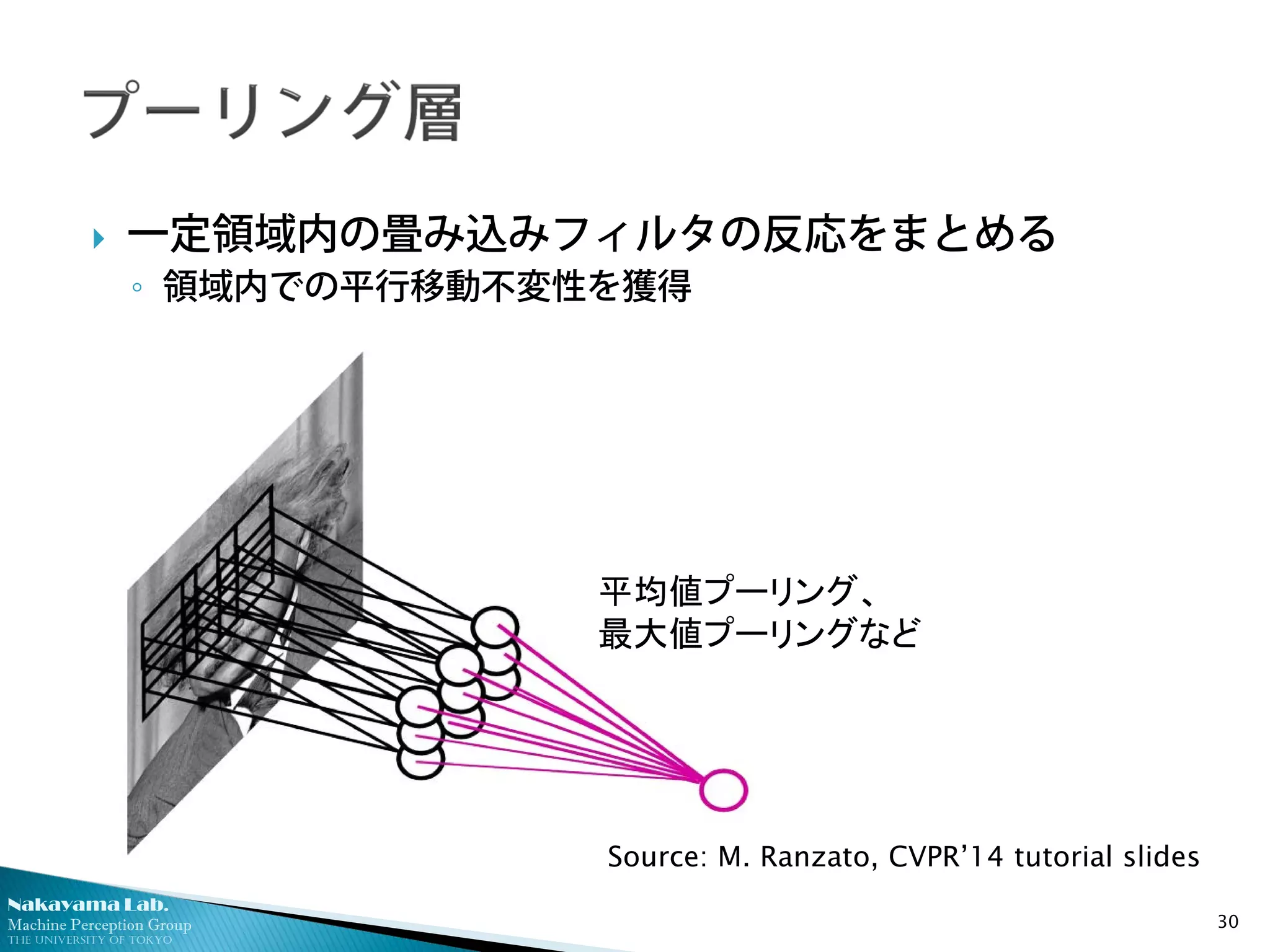 Nakayama Lab.
Machine Perception Group
The University of Tokyo
 一定領域内の畳み込みフィルタの反応をまとめる
◦ 領域内での平行移動不変性を獲得
30
Source: M. Ranzato, CVPR’14 tutorial slides
平均値プーリング、
最大値プーリングなど
 