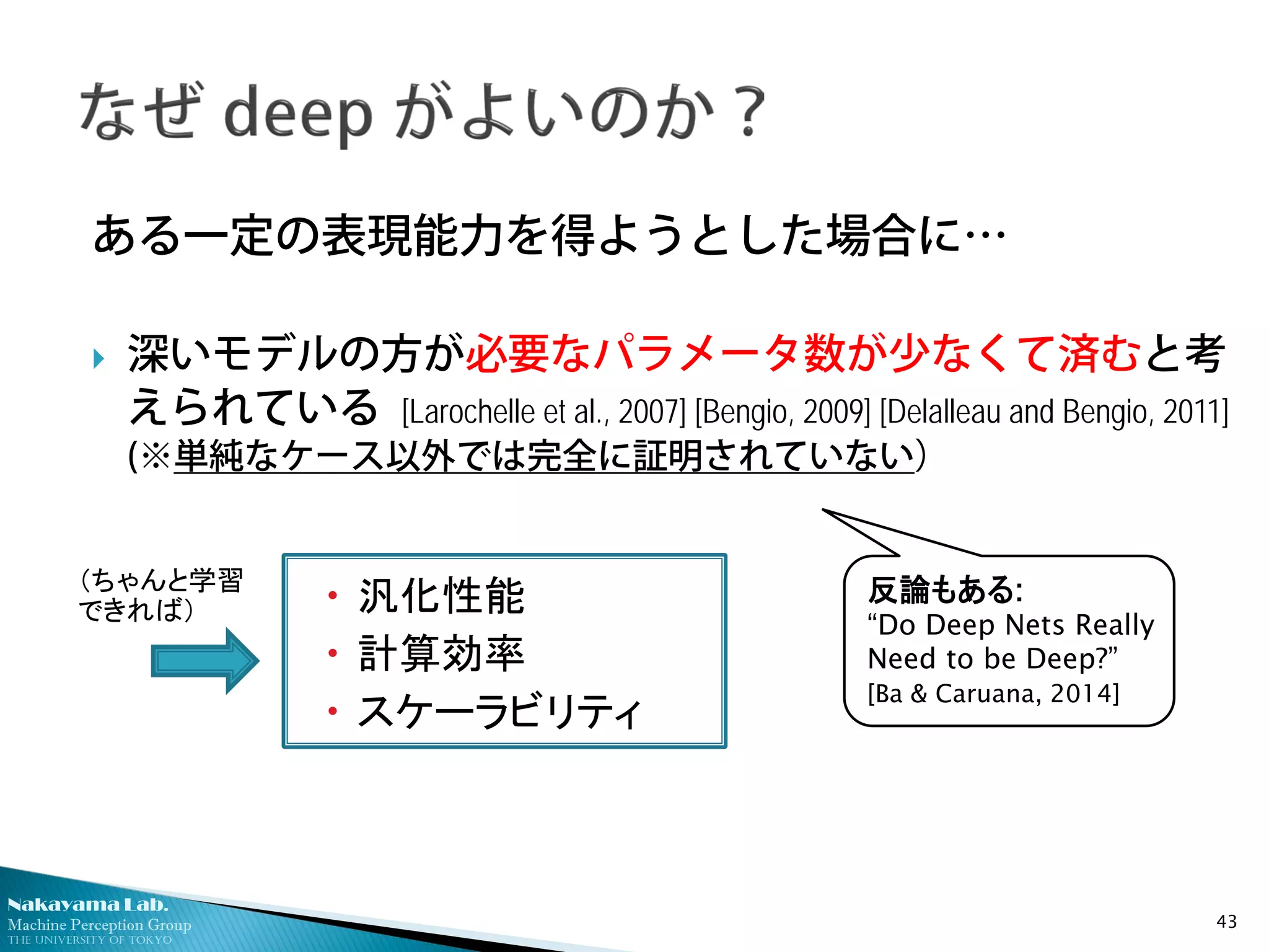 Nakayama Lab.
Machine Perception Group
The University of Tokyo
ある一定の表現能力を得ようとした場合に…
 深いモデルの方が必要なパラメータ数が少なくて済むと考
えられている [Larochelle et al., 2007] [Bengio, 2009] [Delalleau and Bengio, 2011]
(※単純なケース以外では完全に証明されていない）
43
（ちゃんと学習
できれば）  汎化性能
 計算効率
 スケーラビリティ
反論もある:
“Do Deep Nets Really
Need to be Deep?”
[Ba & Caruana, 2014]
 