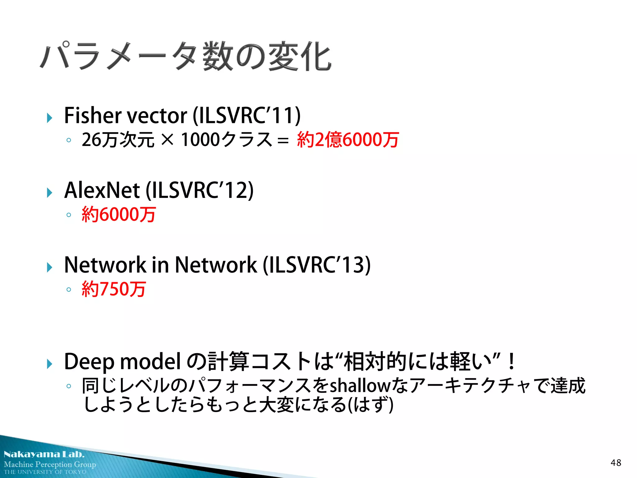 Nakayama Lab.
Machine Perception Group
The University of Tokyo
 Fisher vector (ILSVRC’11)
◦ 26万次元 × 1000クラス = 約2億6000万
 AlexNet (ILSVRC’12)
◦ 約6000万
 Network in Network (ILSVRC’13)
◦ 約750万
 Deep model の計算コストは“相対的には軽い”！
◦ 同じレベルのパフォーマンスをshallowなアーキテクチャで達成
しようとしたらもっと大変になる(はず)
48
 