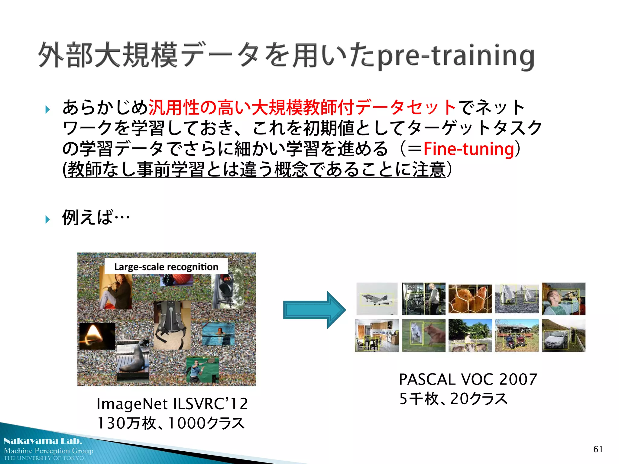 Nakayama Lab.
Machine Perception Group
The University of Tokyo
 あらかじめ汎用性の高い大規模教師付データセットでネット
ワークを学習しておき、これを初期値としてターゲットタスク
の学習データでさらに細かい学習を進める（＝Fine-tuning）
(教師なし事前学習とは違う概念であることに注意）
 例えば…
61
ImageNet ILSVRC’12
130万枚、1000クラス
PASCAL VOC 2007
5千枚、20クラス
 