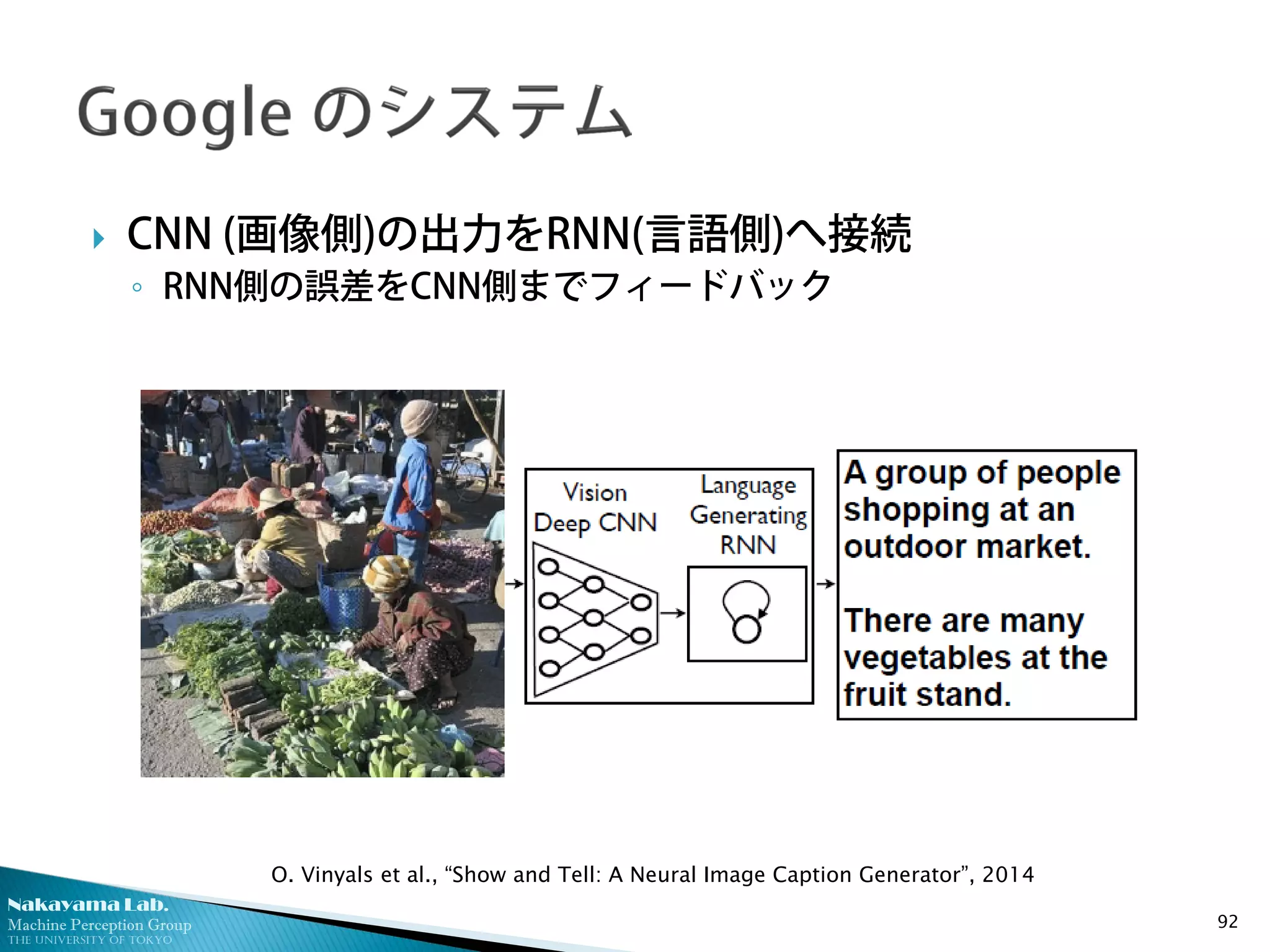 Nakayama Lab.
Machine Perception Group
The University of Tokyo
 CNN (画像側)の出力をRNN(言語側)へ接続
◦ RNN側の誤差をCNN側までフィードバック
92
O. Vinyals et al., “Show and Tell: A Neural Image Caption Generator”, 2014
 
