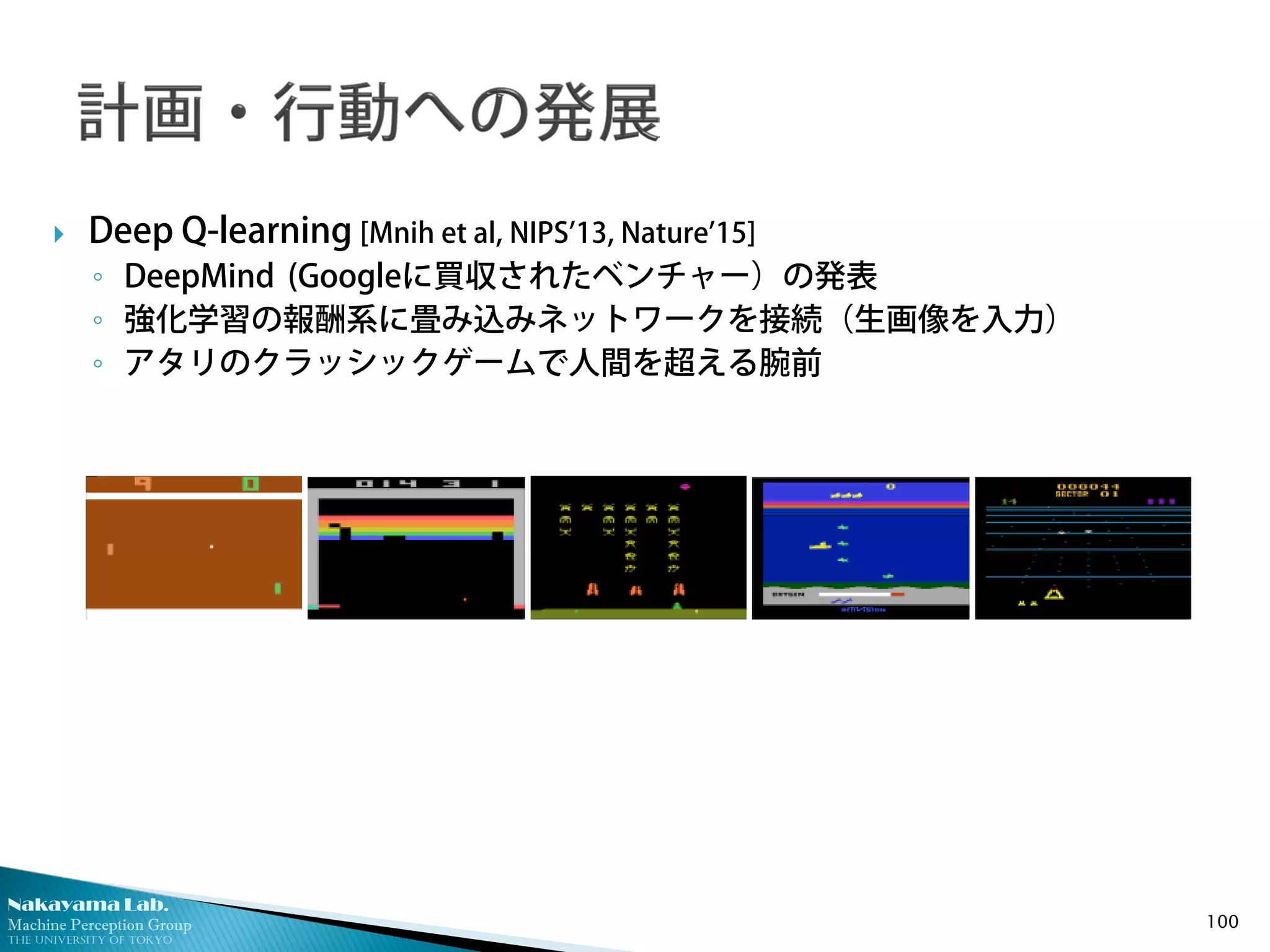 Nakayama Lab.
Machine Perception Group
The University of Tokyo
 Deep Q-learning [Mnih et al, NIPS’13, Nature’15]
◦ DeepMind (Googleに買収されたベンチャー）の発表
◦ 強化学習の報酬系に畳み込みネットワークを接続（生画像を入力）
◦ アタリのクラッシックゲームで人間を超える腕前
100
 