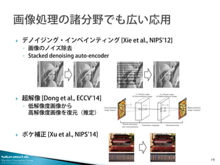 Nakayama Lab.
Machine Perception Group
The University of Tokyo
 デノイジング・インペインティング [Xie et al., NIPS’12]
◦ 画像のノイズ除去
◦ Stack...