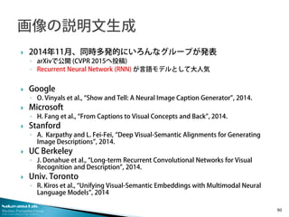 Nakayama Lab.
Machine Perception Group
The University of Tokyo
 2014年11月、同時多発的にいろんなグループが発表
◦ arXivで公開 (CVPR 2015へ投稿)
◦ Re...