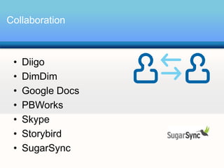 Collaboration



 •   Diigo
 •   DimDim
 •   Google Docs
 •   PBWorks
 •   Skype
 •   Storybird
 •   SugarSync
 