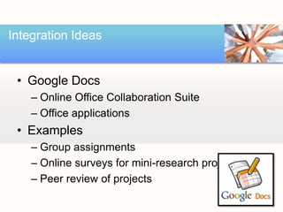 Integration Ideas


 • Google Docs
    – Online Office Collaboration Suite
    – Office applications
 • Examples
    – Group assignments
    – Online surveys for mini-research projects
    – Peer review of projects
 