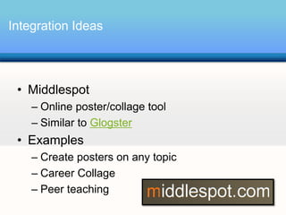 Integration Ideas




 • Middlespot
    – Online poster/collage tool
    – Similar to Glogster
 • Examples
    – Create posters on any topic
    – Career Collage
    – Peer teaching
 