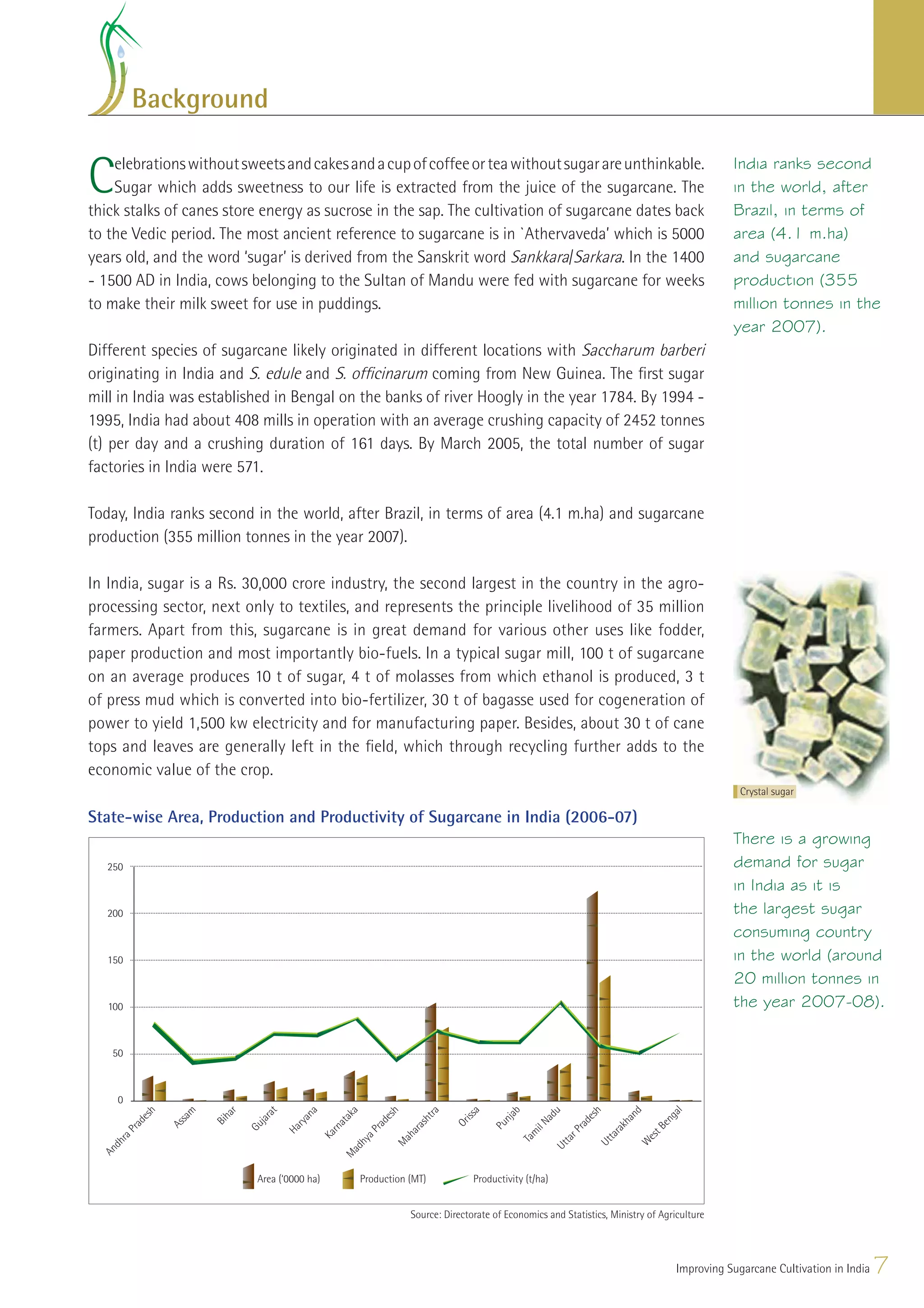 Background


C   elebrations without sweets and cakes and a cup of coffee or tea without sugar are unthinkable.
    Sugar which adds sweetness to our life is extracted from the juice of the sugarcane. The
thick stalks of canes store energy as sucrose in the sap. The cultivation of sugarcane dates back
                                                                                                                                                                 India ranks second
                                                                                                                                                                 in the world, after
                                                                                                                                                                 Brazil, in terms of
to the Vedic period. The most ancient reference to sugarcane is in `Athervaveda’ which is 5000                                                                   area (4.1 m.ha)
years old, and the word ‘sugar’ is derived from the Sanskrit word Sankkara/Sarkara. In the 1400                                                                  and sugarcane
- 1500 AD in India, cows belonging to the Sultan of Mandu were fed with sugarcane for weeks                                                                      production (355
to make their milk sweet for use in puddings.                                                                                                                    million tonnes in the
                                                                                                                                                                 year 2007).
Different species of sugarcane likely originated in different locations with Saccharum barberi
originating in India and S. edule and S. ofﬁcinarum coming from New Guinea. The ﬁrst sugar
mill in India was established in Bengal on the banks of river Hoogly in the year 1784. By 1994 -
1995, India had about 408 mills in operation with an average crushing capacity of 2452 tonnes
(t) per day and a crushing duration of 161 days. By March 2005, the total number of sugar
factories in India were 571.

Today, India ranks second in the world, after Brazil, in terms of area (4.1 m.ha) and sugarcane
production (355 million tonnes in the year 2007).

In India, sugar is a Rs. 30,000 crore industry, the second largest in the country in the agro-
processing sector, next only to textiles, and represents the principle livelihood of 35 million
farmers. Apart from this, sugarcane is in great demand for various other uses like fodder,
paper production and most importantly bio-fuels. In a typical sugar mill, 100 t of sugarcane
on an average produces 10 t of sugar, 4 t of molasses from which ethanol is produced, 3 t
of press mud which is converted into bio-fertilizer, 30 t of bagasse used for cogeneration of
power to yield 1,500 kw electricity and for manufacturing paper. Besides, about 30 t of cane
tops and leaves are generally left in the ﬁeld, which through recycling further adds to the
economic value of the crop.
                                                                                                                                                                   Crystal sugar

State-wise Area, Production and Productivity of Sugarcane in India (2006-07)
                                                                                                                                                                 There is a growing
   250                                                                                                                                                           demand for sugar
                                                                                                                                                                 in India as it is
   200                                                                                                                                                           the largest sugar
                                                                                                                                                                 consuming country
   150                                                                                                                                                           in the world (around
                                                                                                                                                                 20 million tonnes in
   100                                                                                                                                                           the year 2007-08).

    50



       0
              h


                    m



                         r


                                 at


                                             a


                                                        ka


                                                                    h


                                                                               ra


                                                                                          a


                                                                                                   ab



                                                                                                                 u


                                                                                                                             h


                                                                                                                                         nd



                                                                                                                                                      l
                                                                                                                                                   ga
                        ha




                                           n




                                                                                        iss
              es




                                                                   es




                                                                                                               ad


                                                                                                                            es
                   sa




                                                                              ht
                               ar




                                                    ta




                                                                                                  nj
                                        ya




                                                                                                                                      ha


                                                                                                                                                 en
                        Bi
              d




                                                                    d




                                                                                                                             d
                                                                                      Or




                                                                                                          il N
                                j
                   As




                                                                              as
                                                   na




                                                                                                Pu
                             Gu
           ra




                                                                 ra




                                                                                                                          ra
                                         r




                                                                                                                                     k


                                                                                                                                              tB
                                      Ha




                                                                                                                                  ra
                                                                            ar
          P




                                                             aP




                                                                                                                     rP
                                                    r




                                                                                                           m
                                                 Ka




                                                                                                                                 ta
                                                                        ah




                                                                                                                                            es
       ra




                                                                                                        Ta


                                                                                                                     ta
                                                            hy




                                                                                                                                 Ut


                                                                                                                                           W
   dh




                                                                        M




                                                                                                                 Ut
                                                        ad
  An




                                                        M




                               Area (‘0000 ha)               Production (MT)               Productivity (t/ha)


                                                                            Source: Directorate of Economics and Statistics, Ministry of Agriculture




                                                                                                                                                      Improving Sugarcane Cultivation in India   7
 