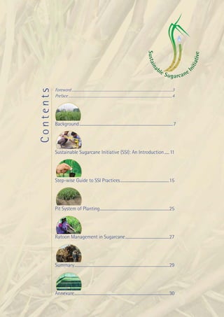 Background




                                                                                                                  S ust ai




                                                                                                                                                             iv e
                                                                                                                                                           ti a t
                                                                                                                      na




                                                                                                                                                        ni
                                                                                                                             bl                   I
                                                                                                                                  eS
                                                                                                                                     u g a rc ane

           Foreword ........................................................................................................................3
Contents



           Preface ............................................................................................................................4




           Background ................................................................................................7




           Sustainable Sugarcane Initiative (SSI): An Introduction ..... 11




           Step-wise Guide to SSI Practices ..................................................15




           Pit System of Planting .......................................................................25




           Ratoon Management in Sugarcane .............................................27




           Summary .................................................................................................29




           Annexure .................................................................................................30

                                                                                                                                    Improving Sugarcane Cultivation in India   1
 