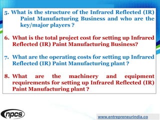 5. What is the structure of the Infrared Reflected (IR)
Paint Manufacturing Business and who are the
key/major players ?
6. What is the total project cost for setting up Infrared
Reflected (IR) Paint Manufacturing Business?
7. What are the operating costs for setting up Infrared
Reflected (IR) Paint Manufacturing plant ?
8. What are the machinery and equipment
requirements for setting up Infrared Reflected (IR)
Paint Manufacturing plant ?
www.entrepreneurindia.co
 