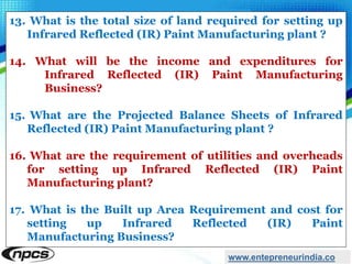 www.entepreneurindia.co
13. What is the total size of land required for setting up
Infrared Reflected (IR) Paint Manufacturing plant ?
14. What will be the income and expenditures for
Infrared Reflected (IR) Paint Manufacturing
Business?
15. What are the Projected Balance Sheets of Infrared
Reflected (IR) Paint Manufacturing plant ?
16. What are the requirement of utilities and overheads
for setting up Infrared Reflected (IR) Paint
Manufacturing plant?
17. What is the Built up Area Requirement and cost for
setting up Infrared Reflected (IR) Paint
Manufacturing Business?
 