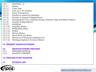 www.entrepreneurindia.co
13.7. SECTION – II
13.7.1. Assets
13.7.2. Cash Flow
13.7.3. Cost as % Ge of Sales
13.7.4. Forex Transaction
13.7.5. Growth in Assets & Liabilities
13.7.6. Growth in Income & Expenditure
13.7.7. Incorporation Year, industry Group, Industry Type and Main Product
13.7.8. Income & Expenditure
13.7.9. Liabilities
13.7.10. Liquidity Ratios
13.7.11. Profitability Ratio
13.7.12. Profits
13.7.13. Return Ratios
13.7.14. Stock Price and Ratio
13.7.15. Structure of Assets & Liabilities (%)
13.7.16. Working Capital & Turnover Ratios
14. PRESENT MANUFACTURERS
15. MANUFACTURING PROCESS
15.1. PROCESS DETAILS
15.2. QUALITY CONTROL
16. PROCESS FLOW DIAGRAM
17. BUYER’S LIST
 