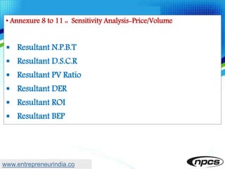 • Annexure 8 to 11 :: Sensitivity Analysis-Price/Volume
 Resultant N.P.B.T
 Resultant D.S.C.R
 Resultant PV Ratio
 Resultant DER
 Resultant ROI
 Resultant BEP
www.entrepreneurindia.co
 