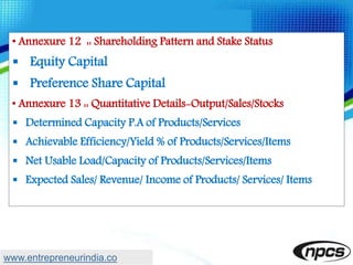 • Annexure 12 :: Shareholding Pattern and Stake Status
 Equity Capital
 Preference Share Capital
• Annexure 13 :: Quantitative Details-Output/Sales/Stocks
 Determined Capacity P.A of Products/Services
 Achievable Efficiency/Yield % of Products/Services/Items
 Net Usable Load/Capacity of Products/Services/Items
 Expected Sales/ Revenue/ Income of Products/ Services/ Items
www.entrepreneurindia.co
 
