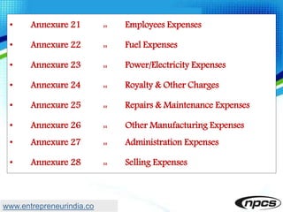 • Annexure 21 :: Employees Expenses
• Annexure 22 :: Fuel Expenses
• Annexure 23 :: Power/Electricity Expenses
• Annexure 24 :: Royalty & Other Charges
• Annexure 25 :: Repairs & Maintenance Expenses
• Annexure 26 :: Other Manufacturing Expenses
• Annexure 27 :: Administration Expenses
• Annexure 28 :: Selling Expenses
www.entrepreneurindia.co
 