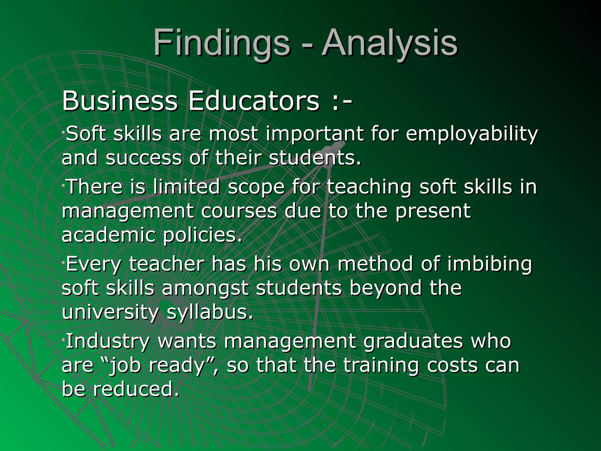 Findings - Analysis
Business Educators :-
•Soft skills are most important for employability
and success of their students.
•There is limited scope for teaching soft skills in

management courses due to the present
academic policies.
•Every teacher has his own method of imbibing

soft skills amongst students beyond the
university syllabus.
•Industry wants management graduates who

are “job ready”, so that the training costs can
be reduced.
 