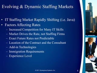 Evolving & Dynamic Staffing Markets IT Staffing Market Rapidly Shifting (i.e. Java) Factors Affecting Rates Increased Competition for Many IT Skills Market Drives the Rate, not Staffing Firms Exact Future Rates not Predictable Location of the Contract and the Consultant Add-in Technologies Immigration Requirements Experience Level © 2011 Synergroup Systems, Inc. 
