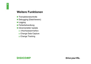 6


    Weitere Funktionen
    n  Transaktionskontrolle
    n  Debugging (DataViewers)
    n  Logging
    n  Fehlerbehandlung
    n  Inkrementeller Update
      p  «Hochwassermarke»

      p  Change Data Capture
      p  Change Tracking
 