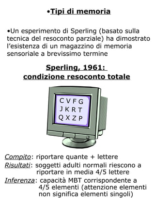 •Tipi di memoria
•Un esperimento di Sperling (basato sulla
tecnica del resoconto parziale) ha dimostrato
l’esistenza di un magazzino di memoria
sensoriale a brevissimo termine
Sperling, 1961:
condizione resoconto totale
C V F G
J K R T
Q X Z P
Compito: riportare quante + lettere
Risultati: soggetti adulti normali riescono a
riportare in media 4/5 lettere
Inferenza: capacità MBT corrispondente a
4/5 elementi (attenzione elementi
non significa elementi singoli)
 
