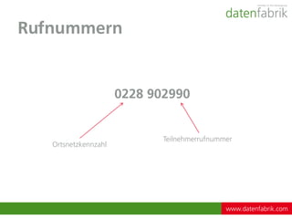 Rufnummern


                      0228 902990


                             Teilnehmerrufnummer
   Ortsnetzkennzahl




                                              www.datenfabrik.com
 