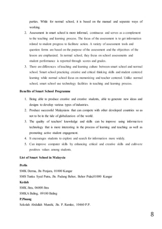 8
parties. While for normal school, it is based on the manual and separate ways of
working.
2. Assessment in smart school is more informal, continuous and serves as a complement
to the teaching and learning process. The focus of the assessment is to get information
related to student progress to facilitate action. A variety of assessment tools and
question forms are based on the purpose of the assessment and the objectives of the
lesson are emphasized. In normal school, they focus on school assessments and
student performance is reported through scores and grades.
3. There are differences of teaching and learning culture between smart school and normal
school. Smart school practicing creative and critical thinking skills and student centered
learning while normal school focus on memorizing and teacher centered. Unlike normal
school, smart school use technology facilities in teaching and learning process.
Benefits of Smart School Programme
1. Being able to produce creative and creative students, able to generate new ideas and
designs to develop various types of industries.
2. Produce successful Malaysians that can compete with other developed countries so as
not to be in the tide of globalization of the world.
3. The quality of teachers' knowledge and skills can be improve using information
technology that is more interesting in the process of learning and teaching as well as
promoting active student engagement.
4. It encourages students to explore and search for information more widely.
5. Can improve computer skills by enhancing critical and creative skills and cultivate
positives values among students.
List of Smart School in Malaysia
Perlis
SMK Derma, Jln Penjara, 01000 Kangar
SMS Tunku Syed Putra, Jln. Padang Behor, Behor Pulai,01000 Kangar
Kedah
SMK Jitra, 06000 Jitra
SMKA Baling, 09100 Baling
P.Pinang
Sekolah Abdullah Munshi, Jln. P. Ramlee, 10460 P.P.
 