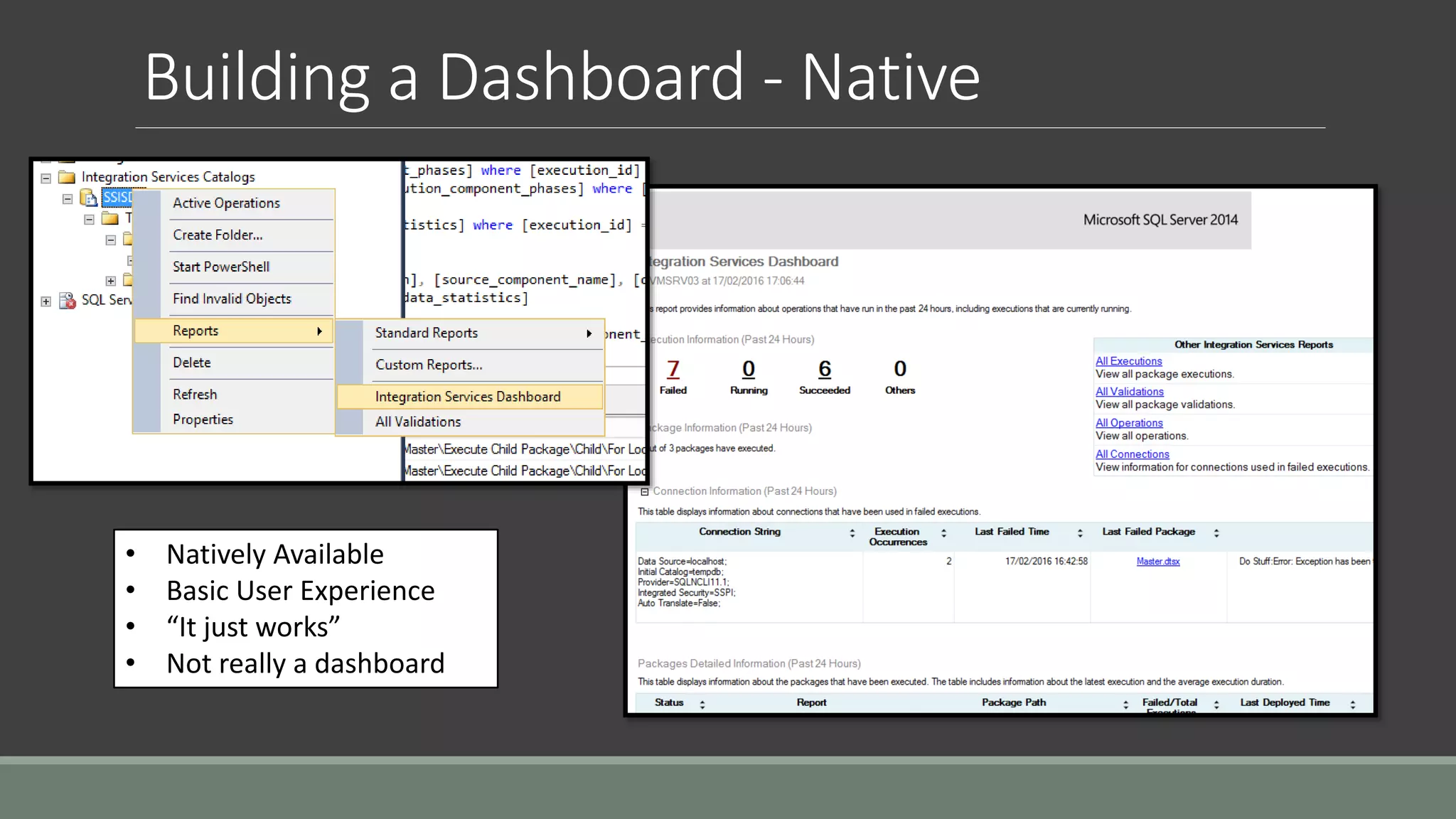 Building a Dashboard - Native
• Natively Available
• Basic User Experience
• “It just works”
• Not really a dashboard
 