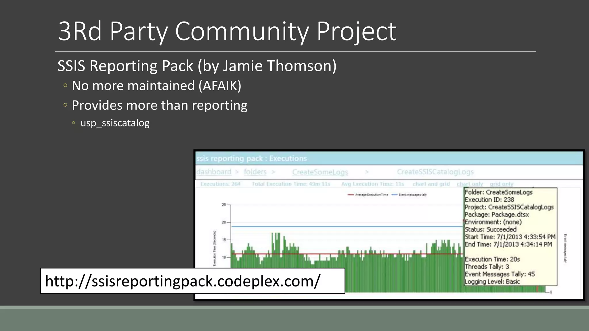 3Rd Party Community Project
SSIS Reporting Pack (by Jamie Thomson)
◦ No more maintained (AFAIK)
◦ Provides more than reporting
◦ usp_ssiscatalog
http://ssisreportingpack.codeplex.com/
 