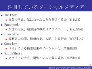 注目しているソーシャルメディア
   Twitter
       自分の考え、気になったことを発信する場（自己PR）
   Facebook
       友達の近況、勉強会の参加（プライベート、自己啓発）
   LinkedIn
       履歴書の公開、情報収集、人脈、企業研究（ビジネス）
   Google+
       「+1」による検索結果のソーシャル化（情報検索）
   SlideShare
       スライドの共有、閲覧・シェア数の確認（専門性PR）

                                                           10
                     TOKYO UNIVERSITY OF ITOKYO JOHO USCIENCES
                                          NFORMATION NIVERSITY
 