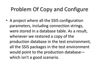 Problem Of Copy and Configure
• A project where all the SSIS configuration
parameters, including connection strings,
were stored in a database table. As a result,
whenever we restored a copy of the
production database in the test environment,
all the SSIS packages in the test environment
would point to the production database—
which isn't a good scenario.

 