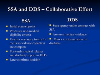 SSA and DDS – Collaborative Effort SSA  Initial contact point Processes non-medical eligibility criteria Ensures necessary forms for medical evidence collection are complete Forwards medical releases and disability report to DDS Later confirms decision DDS State agency under contract with SSA Assesses medical evidence  Makes a determination on disability 