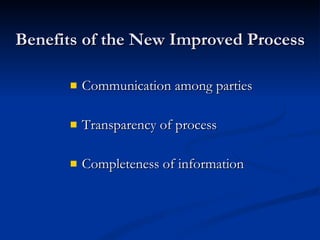 Benefits of the New Improved Process Communication among parties Transparency of process Completeness of information 