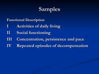 Samples Functional Description I Activities of daily living II Social functioning III Concentration, persistence and pace IV Repeated episodes of decompensation 