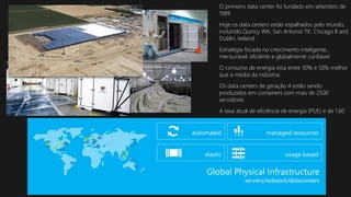 O primeiro data center foi fundado em setembro de
1989
Hoje os data centers estão espalhados pelo mundo,
incluindo Quincy WA, San Antonio TX, Chicago Il and
Dublin, Ireland
Estratégia focada no crescimento inteligente,
mensurável, eficiênte e globalmente confiável
O consumo de energia esta entre 30% e 50% melhor
que a média da indústria.
Os data centers de geração 4 estão sendo
produzidos em containers com mais de 2500
servidores
A taxa atual de eficiência de energia (PUE) e de 1.60
 