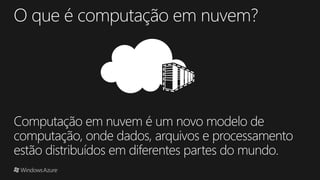 Computação em nuvem é um novo modelo de
computação, onde dados, arquivos e processamento
estão distribuídos em diferentes partes do mundo.
 
