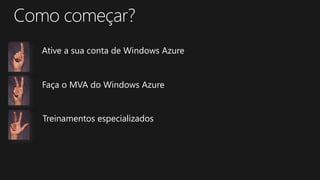 Ative a sua conta de Windows Azure


Faça o MVA do Windows Azure


Treinamentos especializados
 