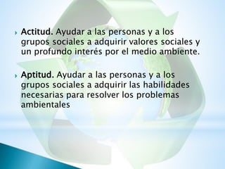 Actitud. Ayudar a las personas y a los
grupos sociales a adquirir valores sociales y
un profundo interés por el medio ambiente.

Aptitud. Ayudar a las personas y a los
grupos sociales a adquirir las habilidades
necesarias para resolver los problemas
ambientales

 