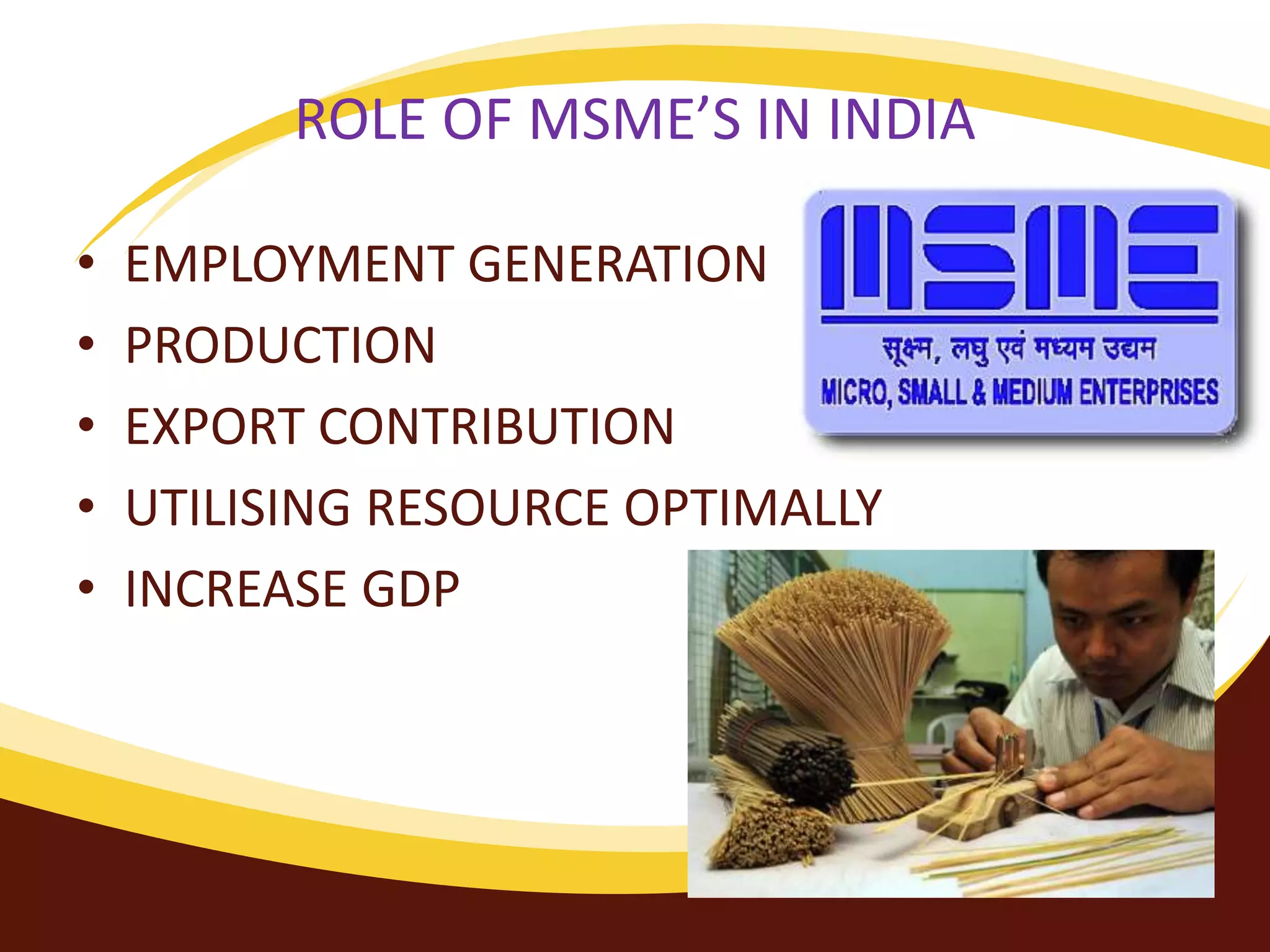 ROLE OF MSME’S IN INDIA
• EMPLOYMENT GENERATION
• PRODUCTION
• EXPORT CONTRIBUTION
• UTILISING RESOURCE OPTIMALLY
• INCREASE GDP
 