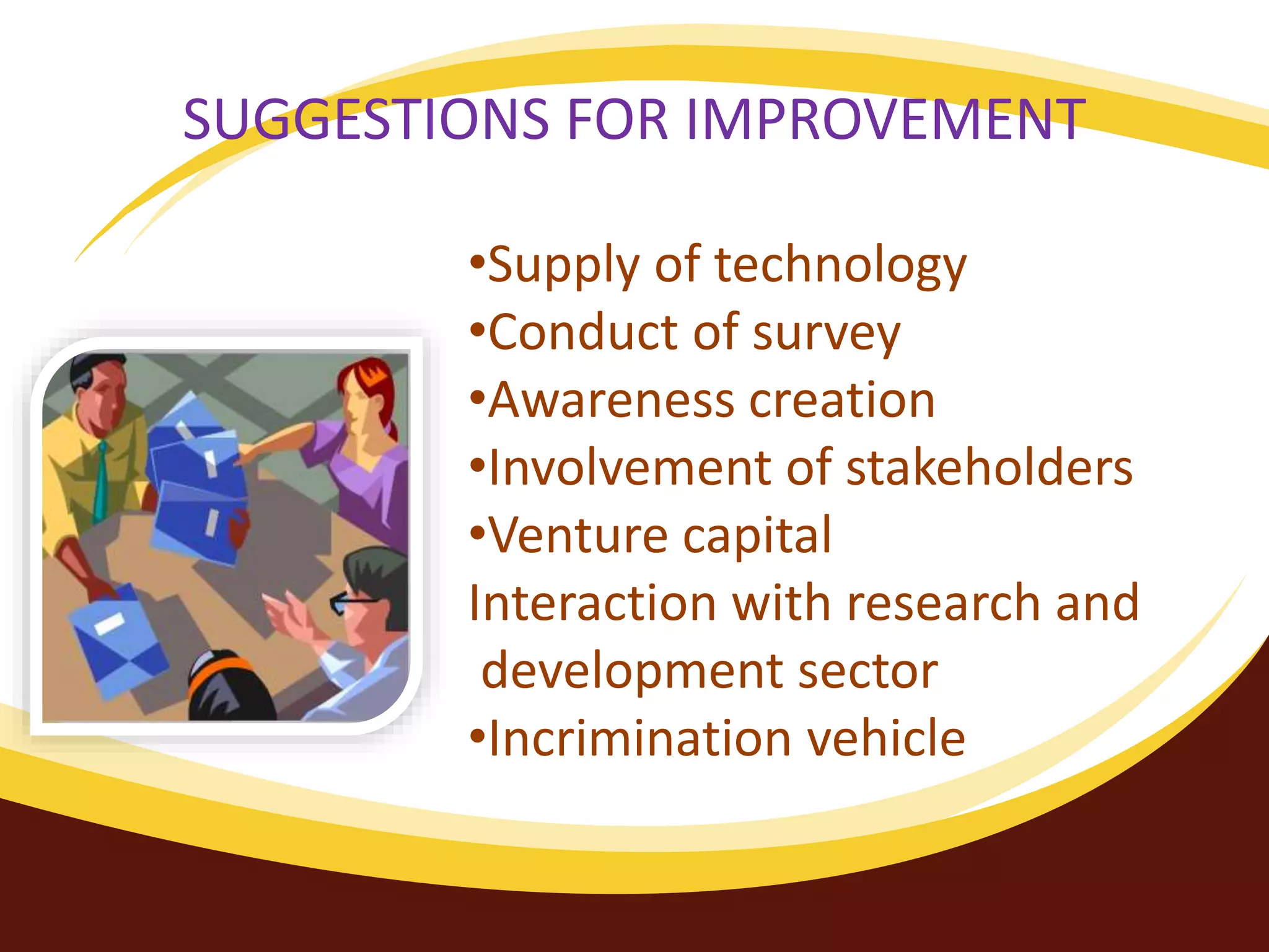 SUGGESTIONS FOR IMPROVEMENT
•Supply of technology
•Conduct of survey
•Awareness creation
•Involvement of stakeholders
•Venture capital
Interaction with research and
development sector
•Incrimination vehicle
 