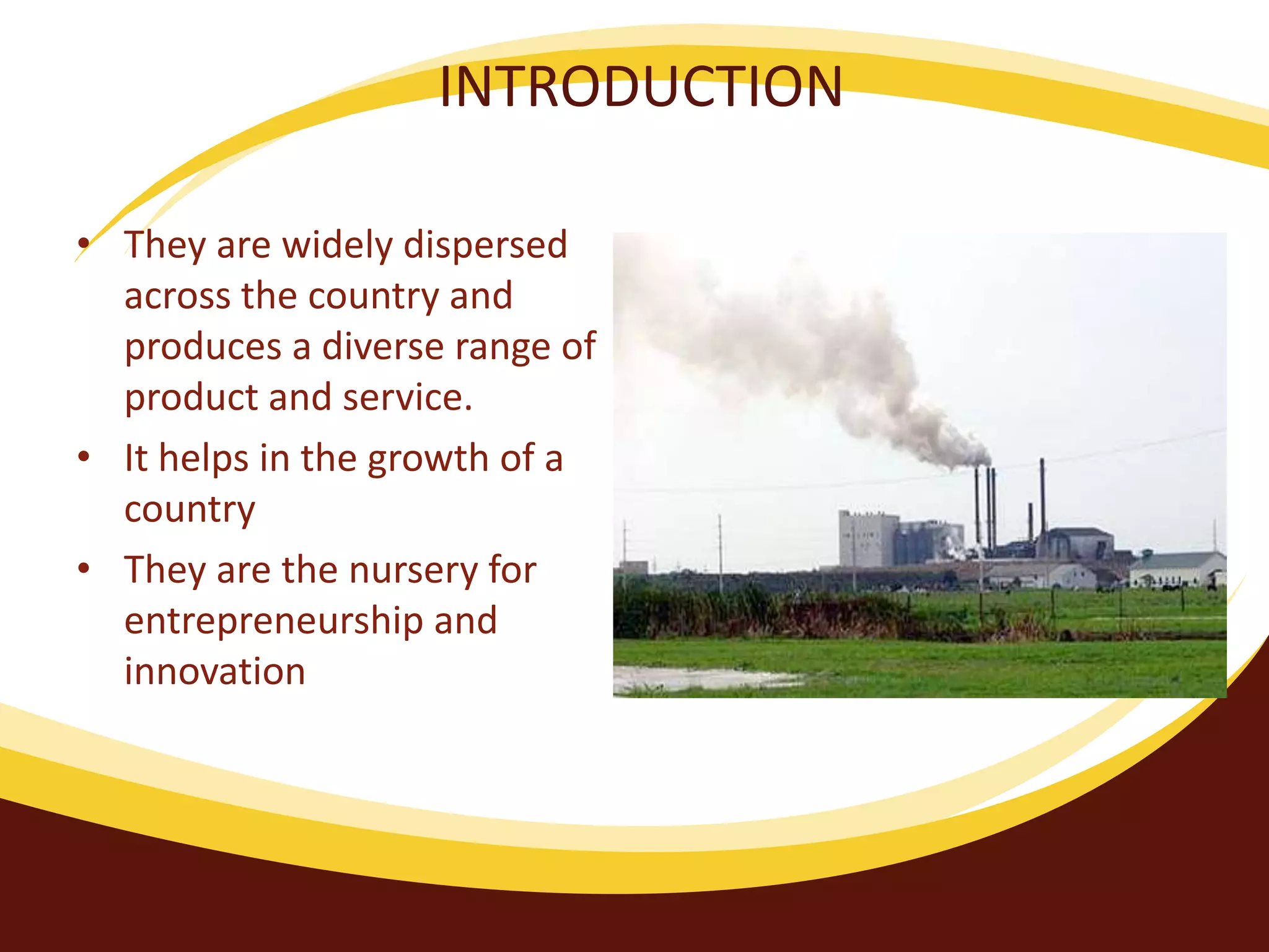 INTRODUCTION
• They are widely dispersed
across the country and
produces a diverse range of
product and service.
• It helps in the growth of a
country
• They are the nursery for
entrepreneurship and
innovation
 
