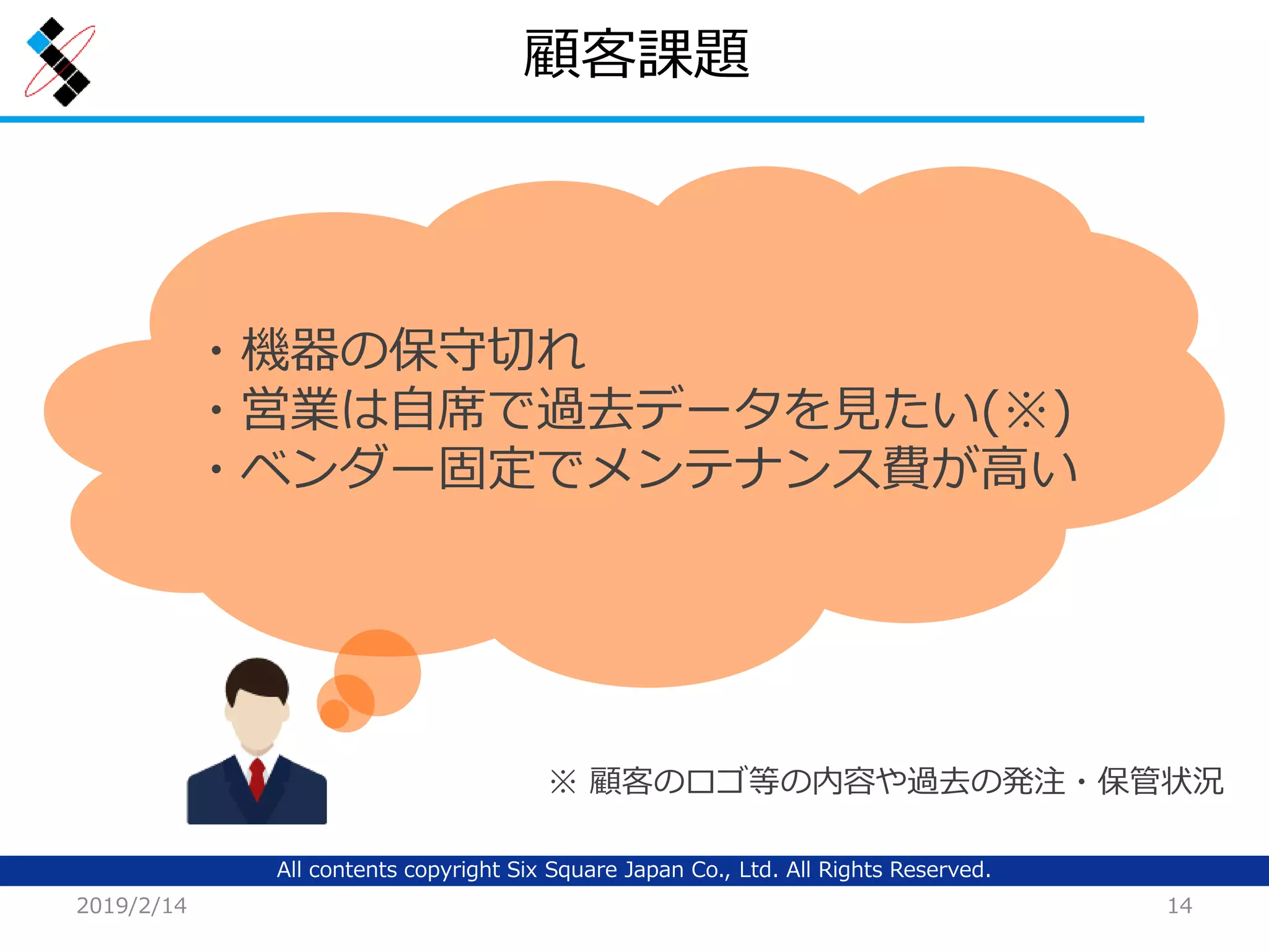 All contents copyright Six Square Japan Co., Ltd. All Rights Reserved.
顧客課題
2019/2/14 14
・機器の保守切れ
・営業は自席で過去データを見たい(※)
・ベンダー固定でメンテナンス費が高い
※ 顧客のロゴ等の内容や過去の発注・保管状況
 