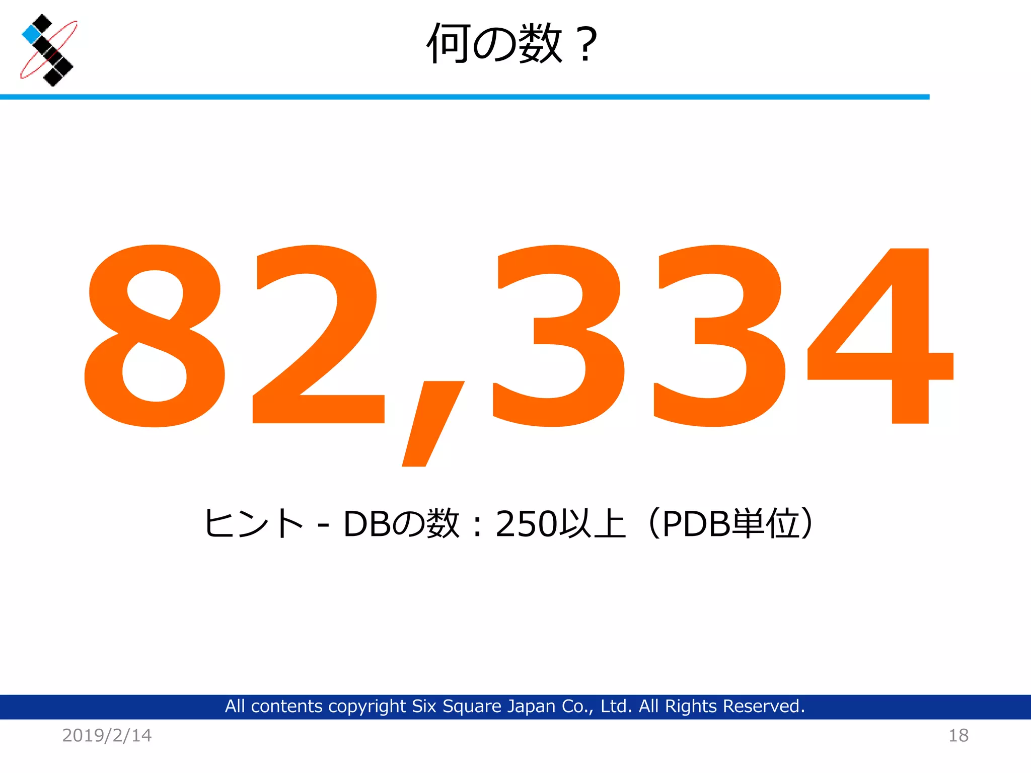 All contents copyright Six Square Japan Co., Ltd. All Rights Reserved.
何の数？
2019/2/14 18
82,334ヒント - DBの数：250以上（PDB単位）
 